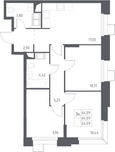 4+ комнаты, 64.09 м², 22/23 этаж, ЖК «Тропарево Парк»