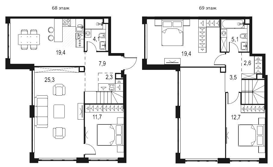 4+ комнаты, 116.8 м², 68/69 этаж, ЖК «Левел Южнопортовая»