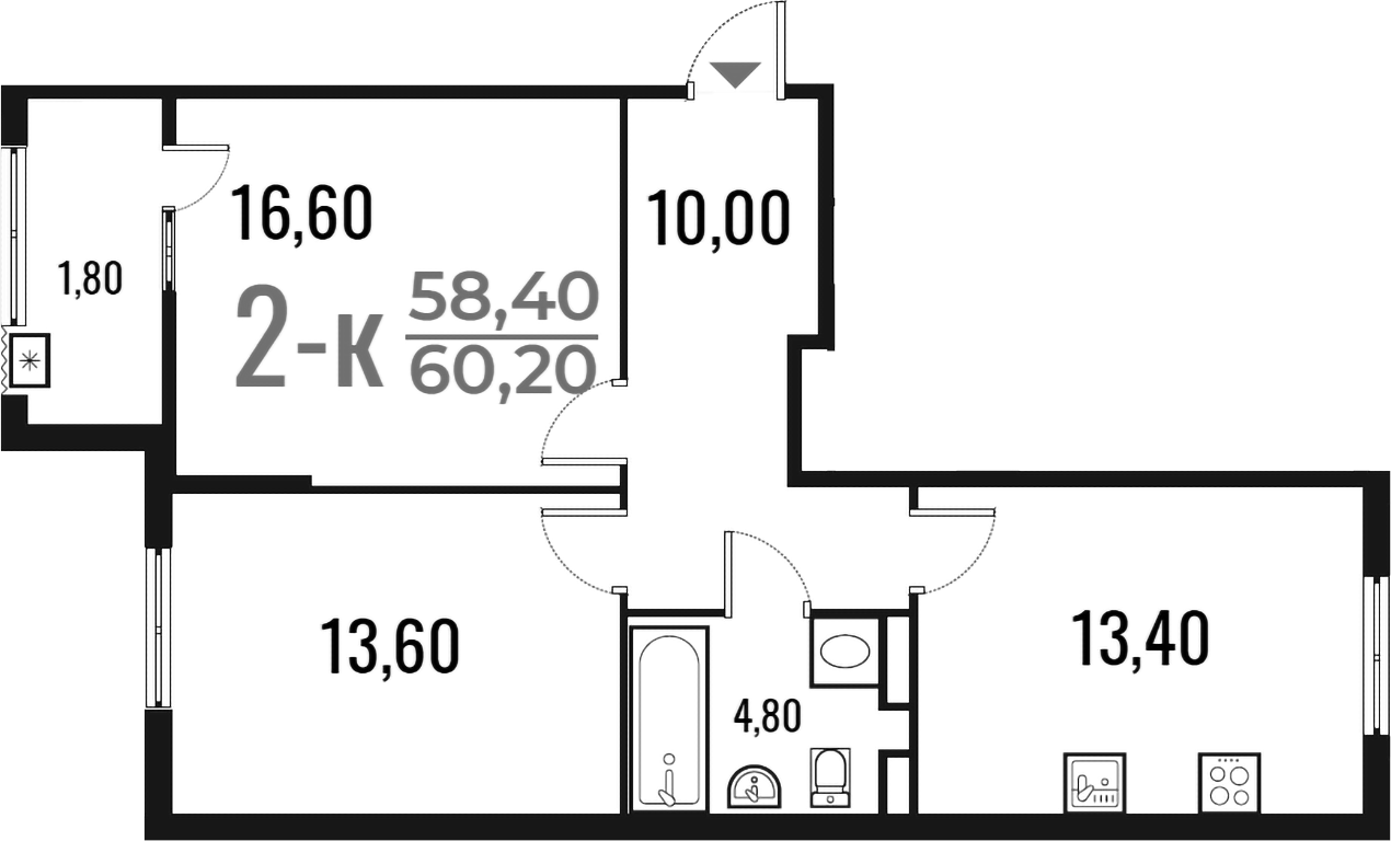 2-комн., 58.4 м², 4/8 этаж, ЖК «Новое Летово»