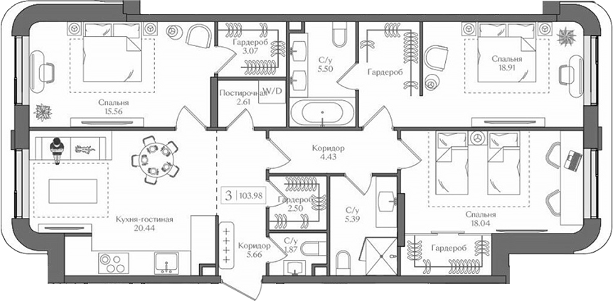 4+ комнаты, 103.98 м², 5/16 этаж, ЖК «Преображенская площадь»
