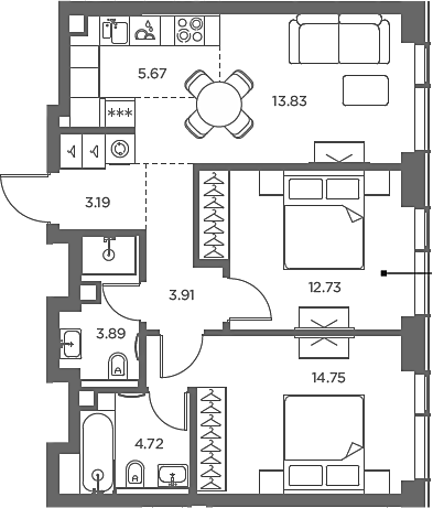 3-комн., 62.69 м², 37/49 этаж, ЖК «TATE»