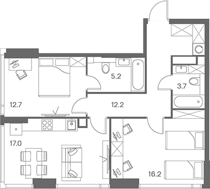 3-комн., 67 м², 4/43 этаж, ЖК «ЛОТ от Аквилон»