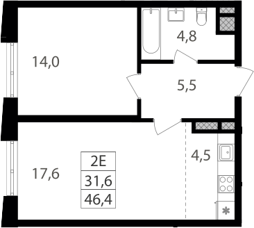 2-комн., 46.4 м², 18/18 этаж, ЖК «Семеновский парк 2»