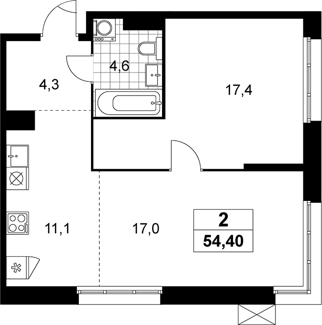 2-комн., 54.4 м², 9/12 этаж, ЖК «Дзен-кварталы»