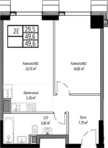 2-комн., 49.6 м², 13/35 этаж, ЖК «Мираполис»