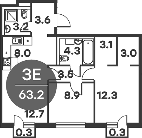3-комн., 62.6 м², 2/6 этаж, ЖК «Равновесие»