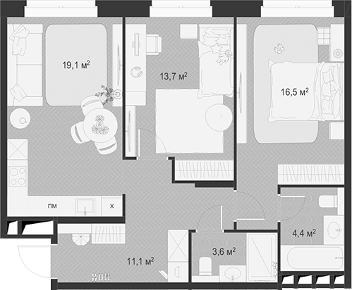 3-комн., 68.4 м², 5/18 этаж, ЖК «Гранд Комфорт»