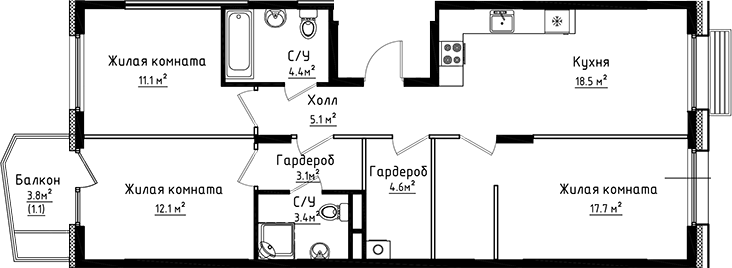3-комн., 80 м², 4/6 этаж, ЖК «Коллекция»