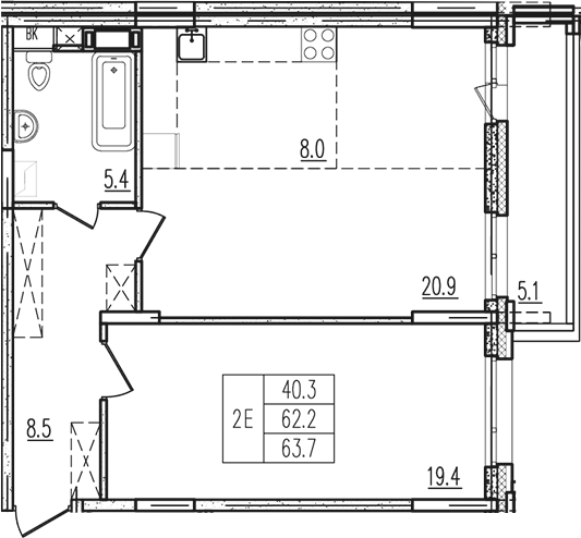 2-комн., 62.27 м², 4/9 этаж, ЖК «Пироговская ривьера. Мытищи»