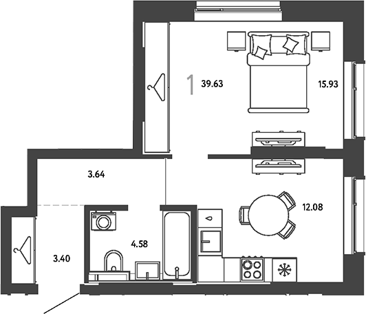 1-комн., 39.63 м², 3/24 этаж, ЖК «Страна.Парковая»