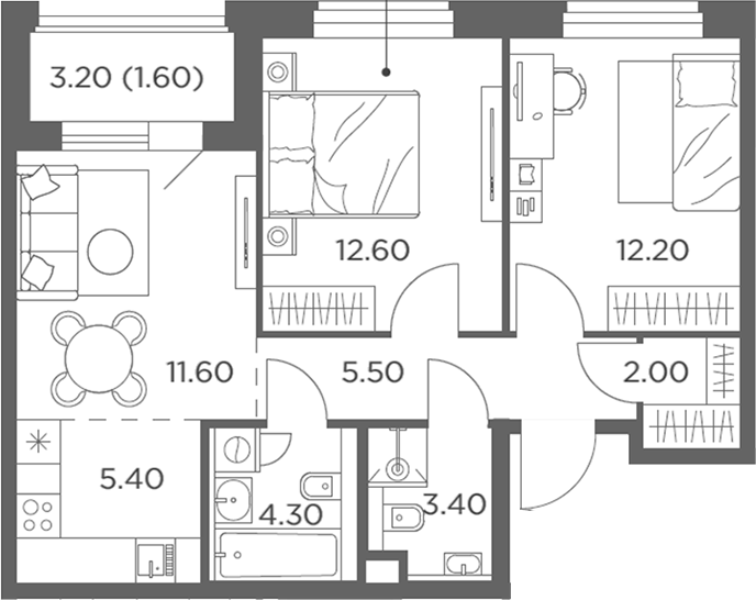 3-комн., 57 м², 11/12 этаж, ЖК «Белый Град»