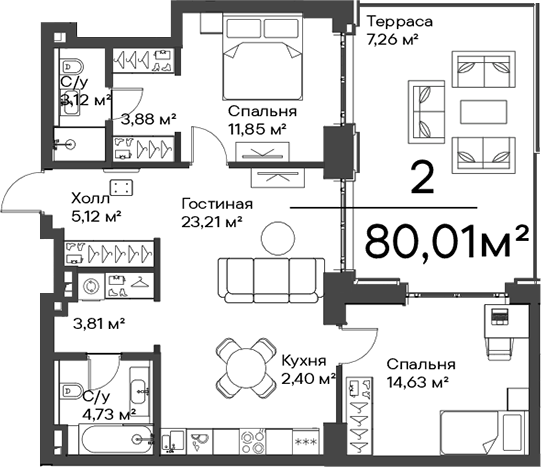3-комн., 72.75 м², 2/15 этаж, ЖК «Сити Бэй»
