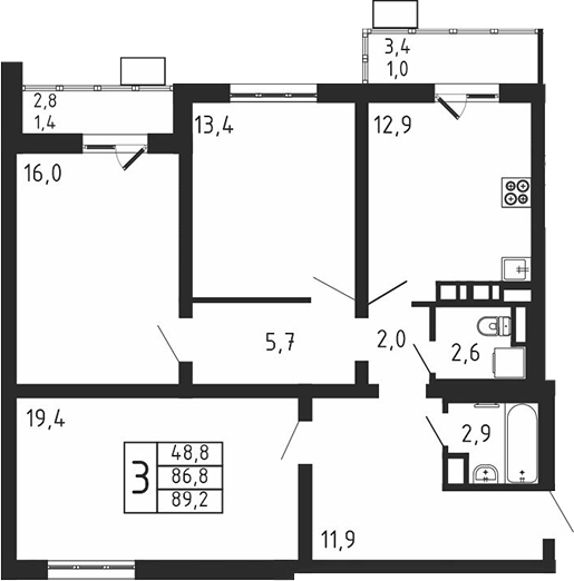 3-комн., 86.8 м², 7/9 этаж, ЖК «Пироговская ривьера. Мытищи»