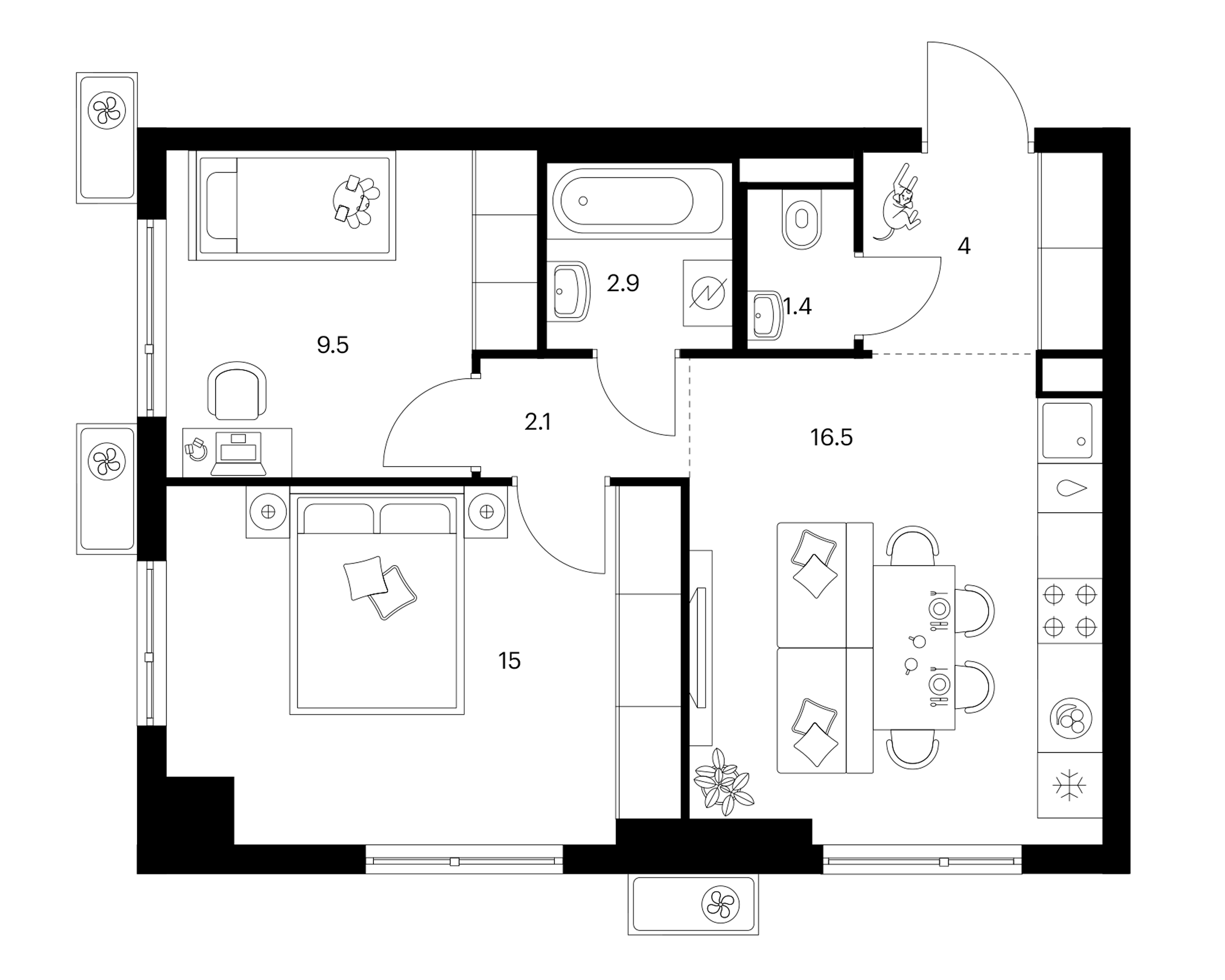 2-комн., 51.4 м², 21/25 этаж, ЖК «Белая Дача парк»