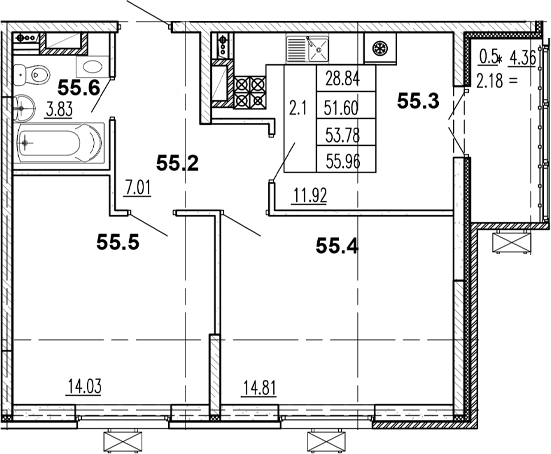 2-комн., 50.33 м², 2/8 этаж, ЖК «Центральный двор»