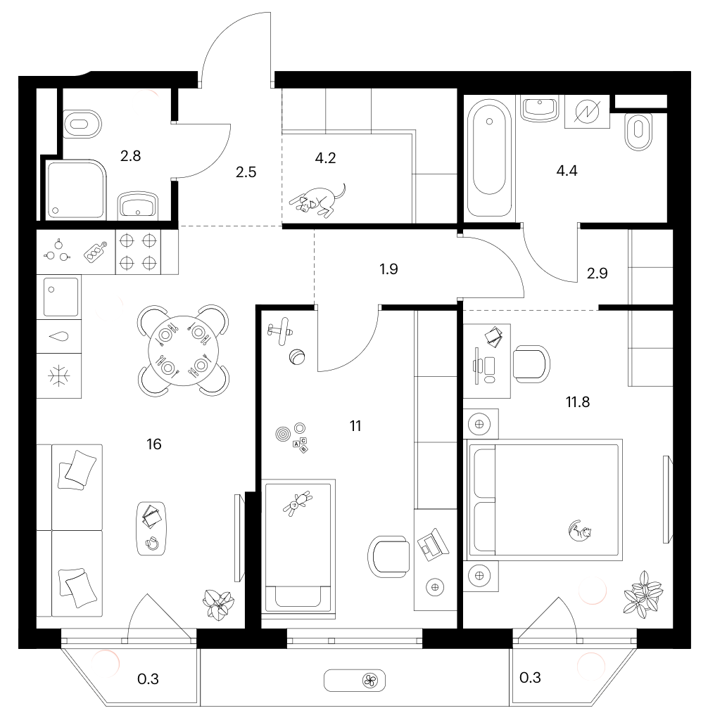 2-комн., 57.5 м², 2/24 этаж, ЖК «Зеленый парк»