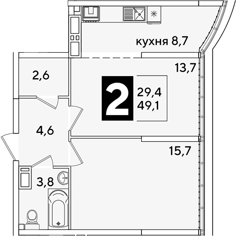 2-комн. квартира, 49.1 м² в ЖК Самолет — фото 2