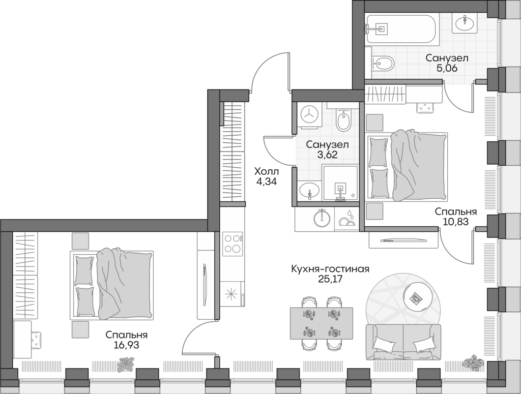 3-комн., 61.7 м², 14/16 этаж, ЖК «Инсайдер»