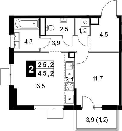 2-комн., 44 м², 21/25 этаж, ЖК «1-й Измайловский»