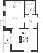 2-комн., 44.8 м², 14/20 этаж, ЖК «Южная Битца»