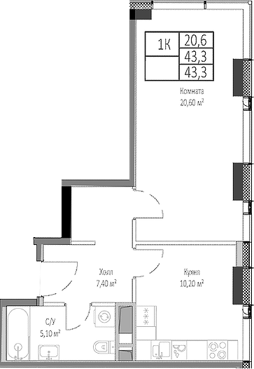 1-комн., 43.3 м², 17/35 этаж, ЖК «Мираполис»