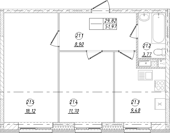 2-комн., 51.97 м², 9/9 этаж, ЖК «Юго-Западный квартал»