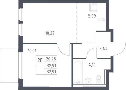 2-комн., 32.91 м², 14/17 этаж, ЖК «Пригород Лесное»