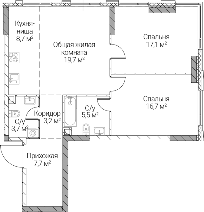 3-комн., 82.3 м², 22/36 этаж, ЖК «СЕЗАР СИЛИКА»