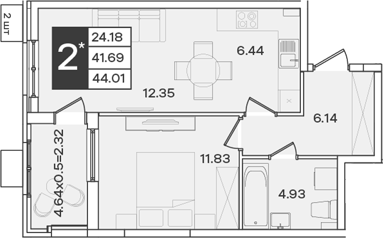2-комн., 41.69 м², 2/18 этаж, ЖК «Сюжеты»