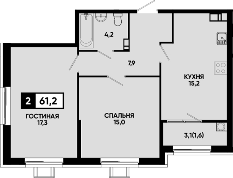2-комн., 59.6 м², 7/12 этаж, ЖК «Квартал на курорте Моя Легенда»
