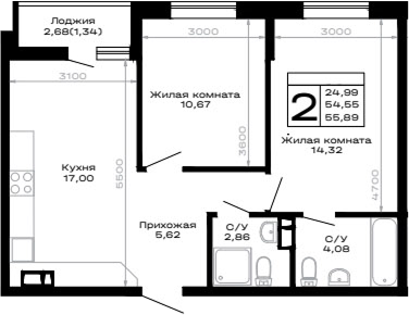 2-комн., 54.55 м², 5/16 этаж, ЖК «Горные высоты»