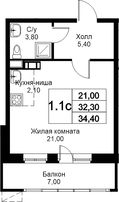 Студия, 32.3 м², 11/12 этаж, ЖК «Кашинцево»