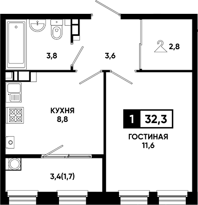 1-комн., 30.6 м², 11/14 этаж, ЖК «Резиденция Софи»