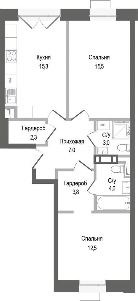 2-комн., 63.4 м², 2/8 этаж, ЖК «Киноквартал»