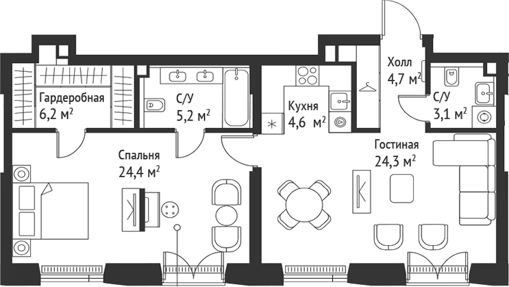 2-комн., 72.4 м², 3/52 этаж, ЖК «СЕТ»