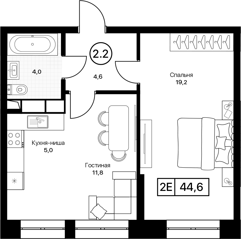 2-комн., 44.6 м², 6/13 этаж, ЖК «Пушкино Град»
