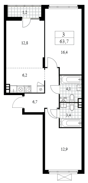 3-комн., 62.5 м², 13/15 этаж, ЖК «Деснаречье»