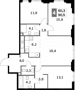 4+ комнаты, 90.5 м², 36/42 этаж, ЖК «Сидней Сити»