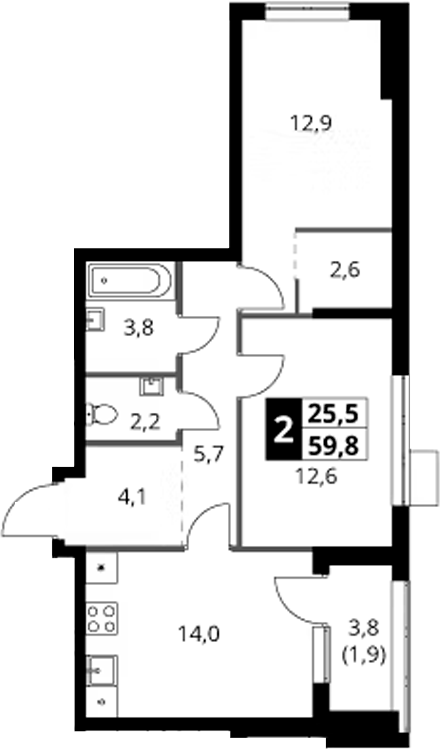 2-комн., 57.9 м², 15/18 этаж, ЖК «1-й Ясеневский»