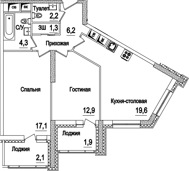 3-комн., 63.6 м², 2/21 этаж, ЖК «Рассказово»
