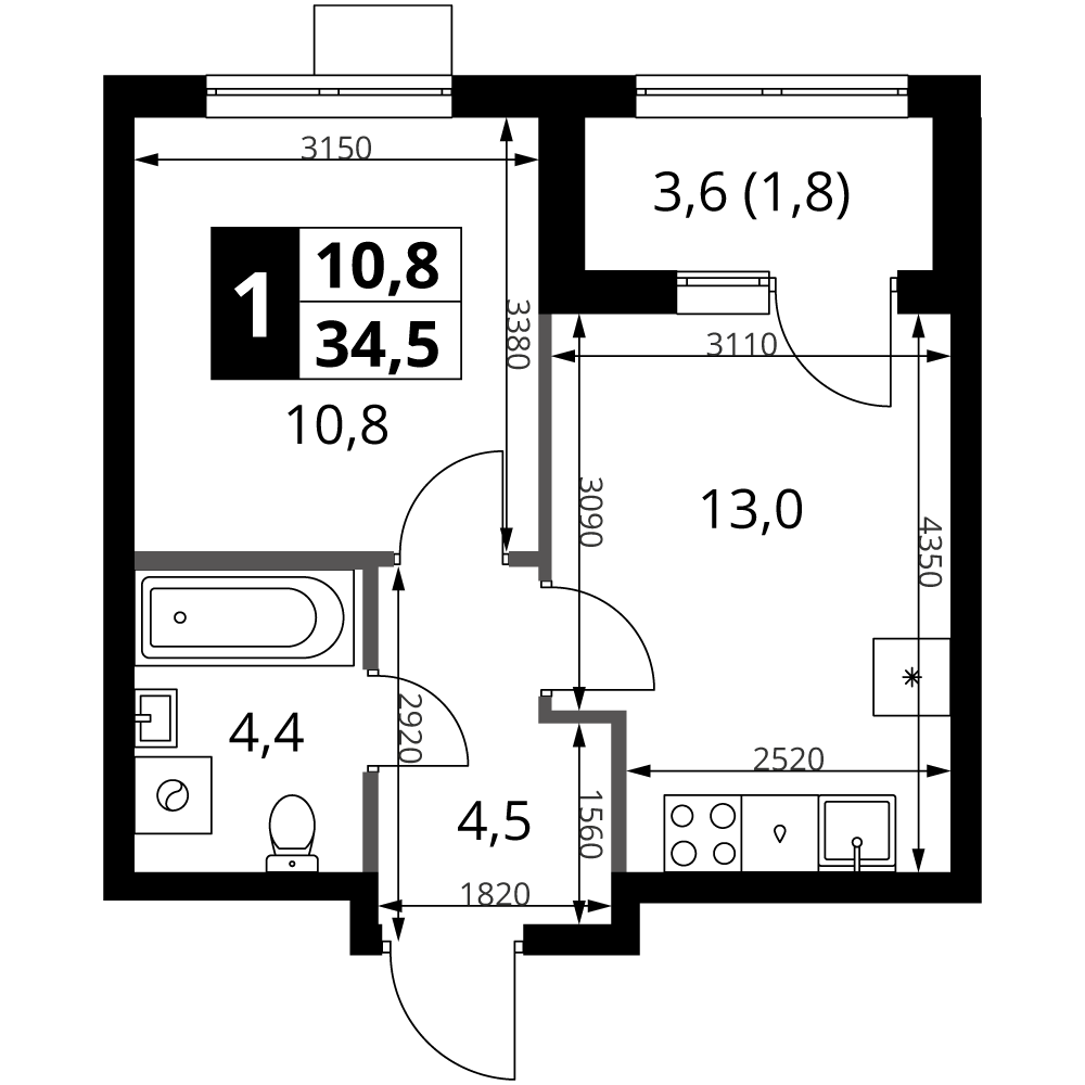 1-комн., 32.7 м², 2/18 этаж, ЖК «1-й Ясеневский»