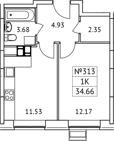 1-комн., 34.66 м², 8/17 этаж, ЖК «Новотомилино»