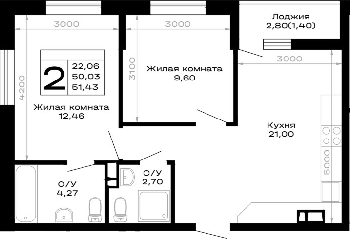 2-комн., 50.03 м², 8/12 этаж, ЖК «Горные высоты»