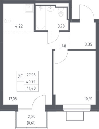 2-комн., 40.79 м², 12/12 этаж, ЖК «Богдановский лес»