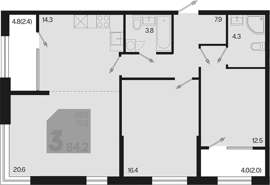 3-комн., 79.8 м², 2/9 этаж, ЖК «Первое место» — фото 2