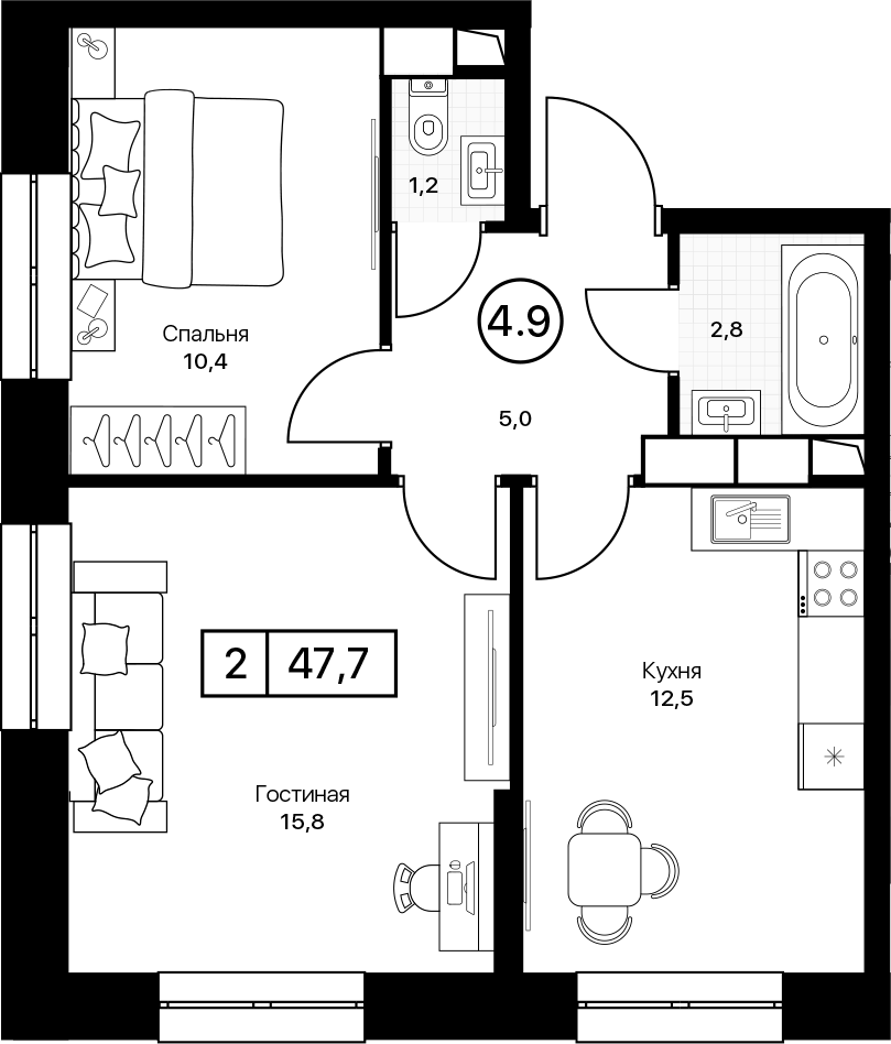 2-комн., 47.7 м², 10/17 этаж, ЖК «Пушкино Град»