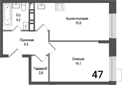 2-комн., 42.8 м², 1/8 этаж, ЖК «Киноквартал»
