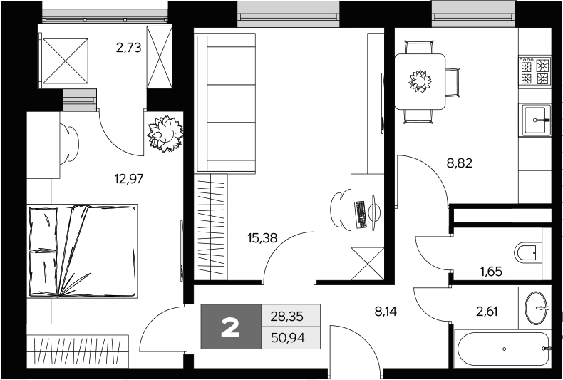 2-комн., 49.57 м², 8/9 этаж, ЖК «Ласточкино»