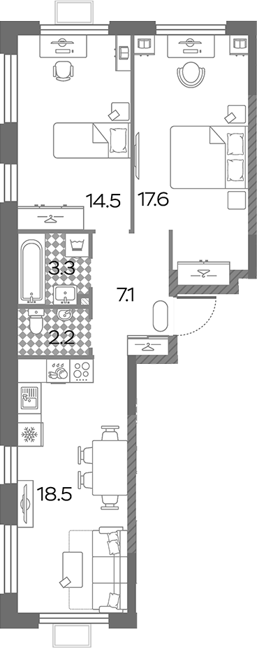 3-комн., 61.2 м², 9/20 этаж, ЖК «Лучи»