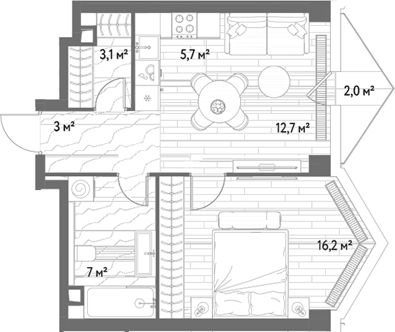 2-комн., 47.7 м², 12/25 этаж, ЖК «С5»